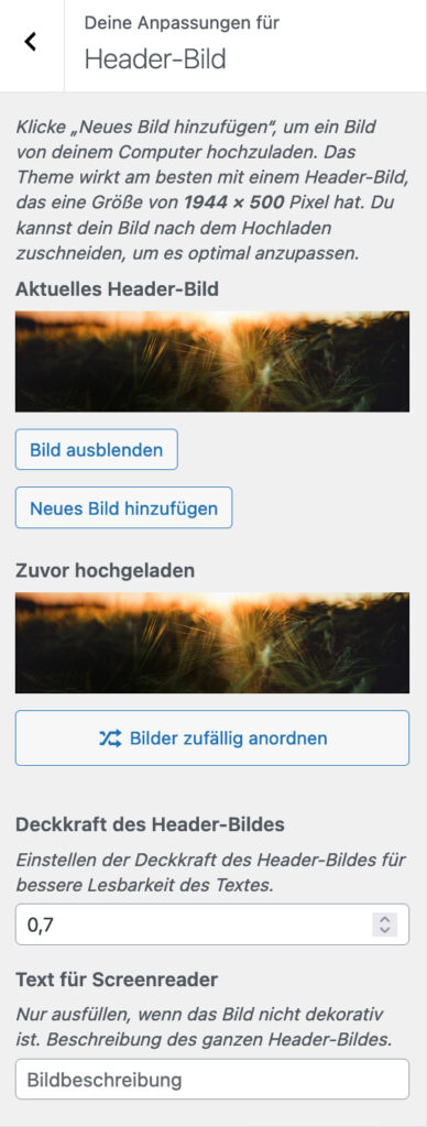 Screenshot Header Bild Einstellungen Backend