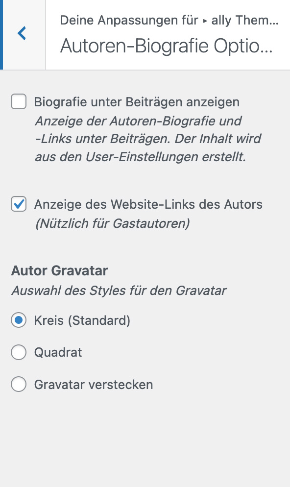 Screenshot Autoren-Biografie Optionen im Backend