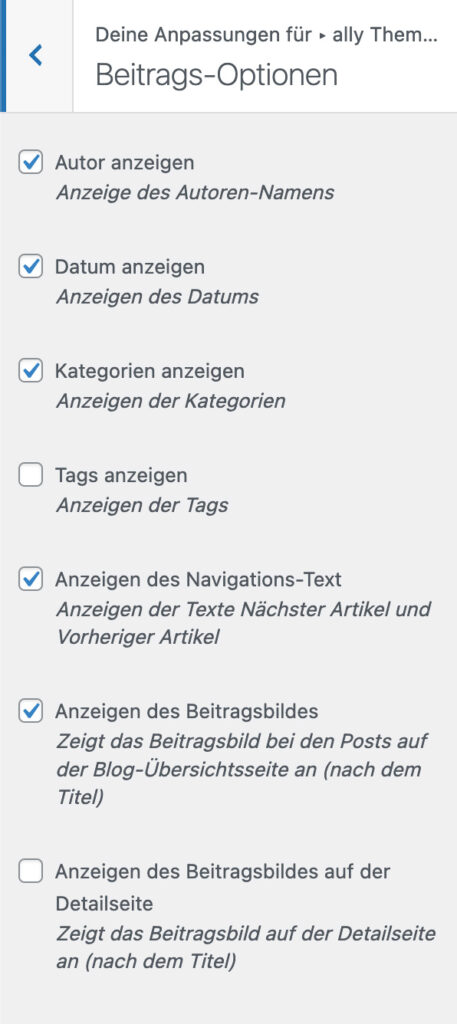 Screenshot Beitrags-Optionen Einstellungen im Backend