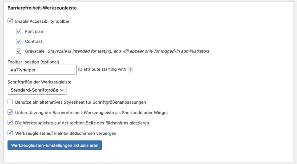 Screenshot Einstellungen Barrierefreiheit-Werkzeugleiste