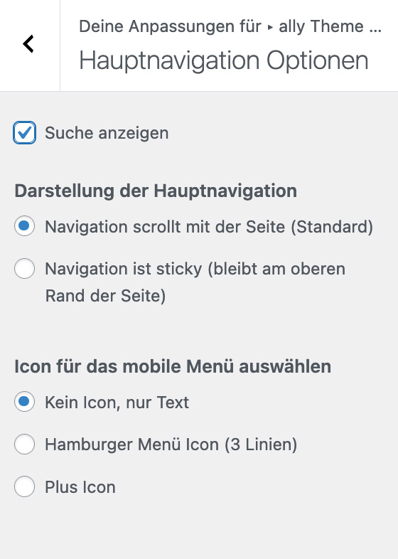 Screenshot Hauptnavigation Optionen Backend