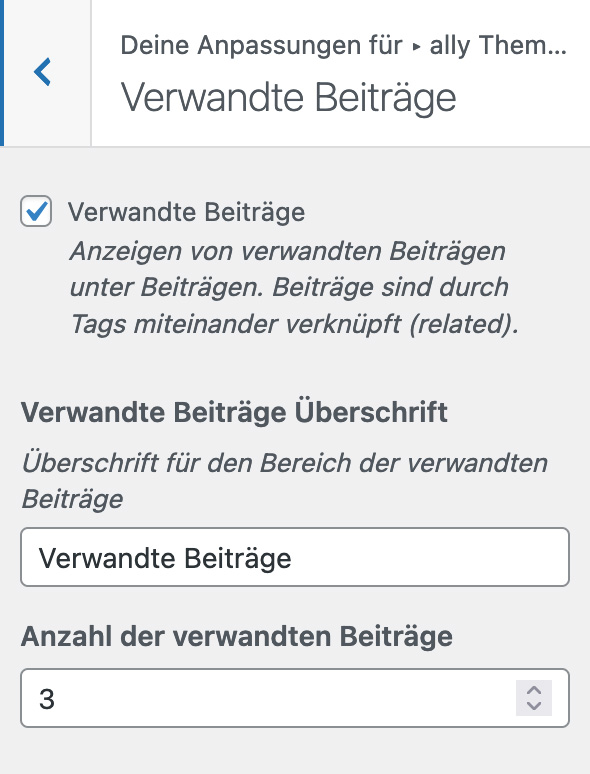 Screenshot Verwandte Beiträge Einstellungen im Backend