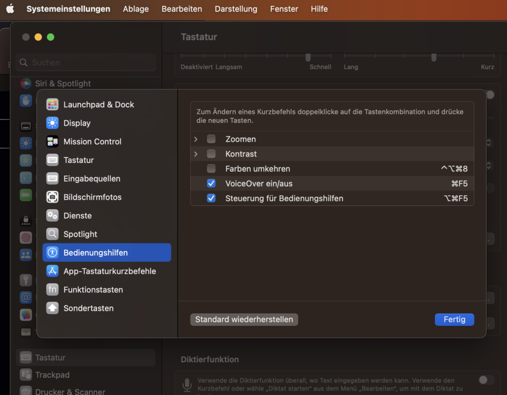 Mac Systemeinstellungen - Tastatur - Tastaturkurzbefehle - Bedienungshilfen