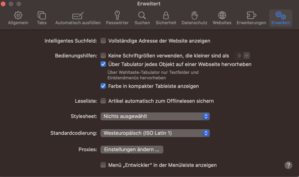 Screenshot Safari Einstellungen