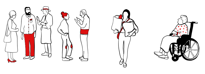 Illustration mit verschiedenen Menschen: Frauen, Männer, eine Frau mit Einkaufstüten, eine ältere Frau im Rollstuhl